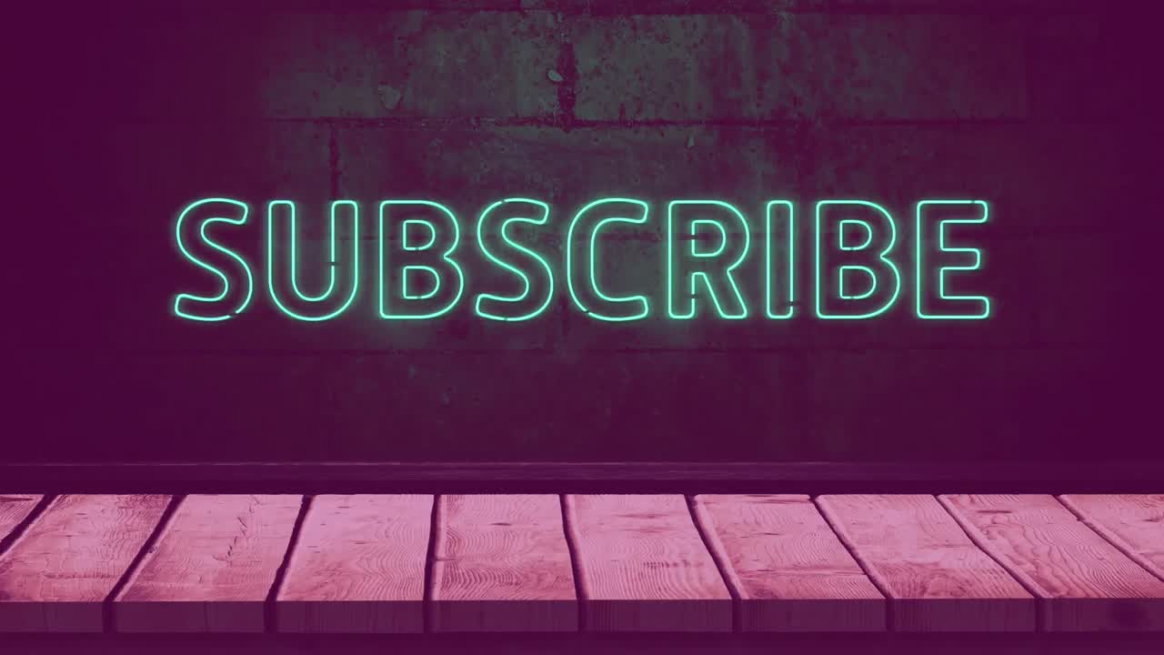 animación de la palabra de estilo neón verde suscribirse parpadeando sobre fondo púrpura