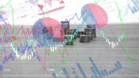 animation of financial data processing over stacks of coins