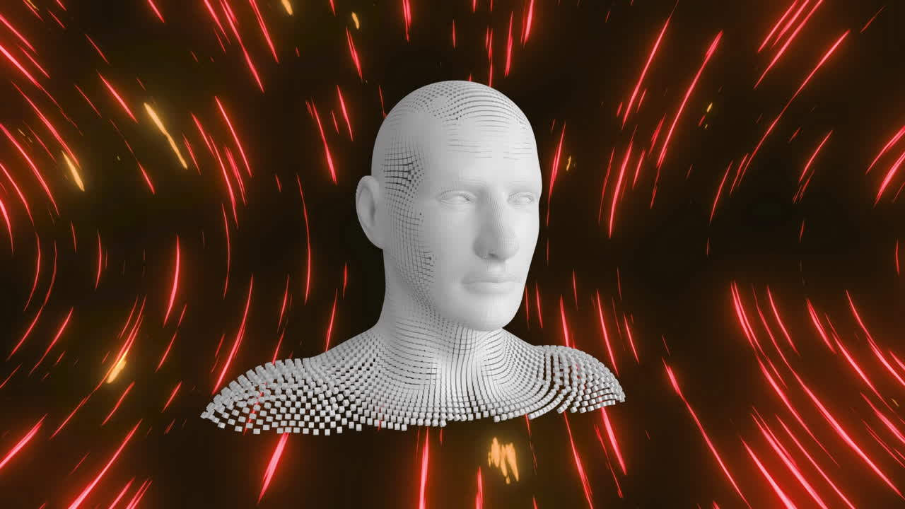 animación de pequeñas partículas que forman un modelo de cabeza humana contra rastros de luz roja sobre fondo negro