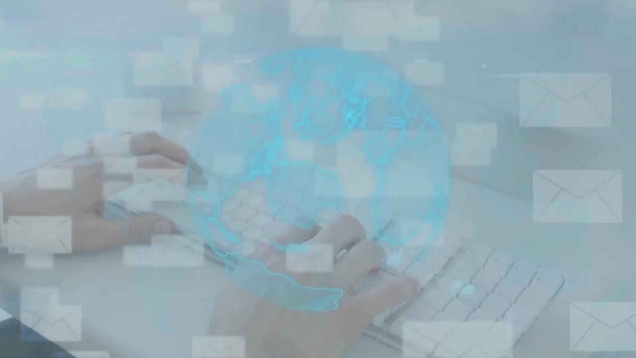 animación de iconos de globos y sobres sobre las manos escribiendo en el teclado