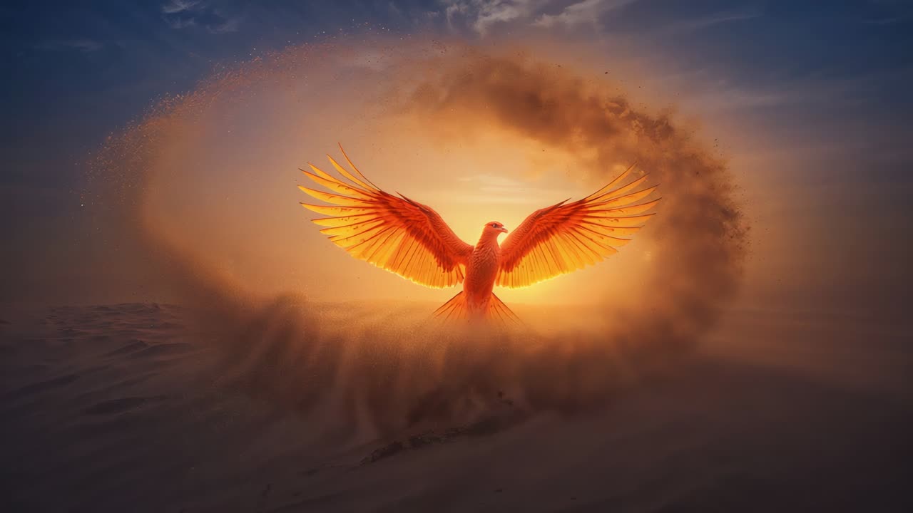 Rising phoenix reacting to backlight surge, spreading wings, forming luminous halo over misty plain