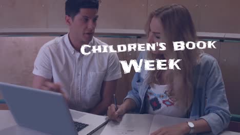 animation of childrens book week text over caucasian couple using laptop