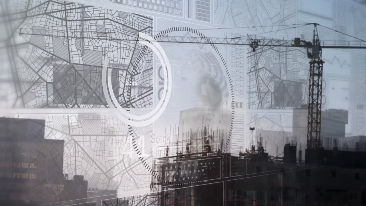 건설 현장의 공중 전망에 대해 전 세계에 대한 데이터 처리 인터페이스의 애니메이션