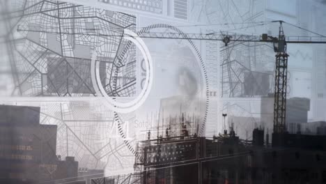 animación de la interfaz con el procesamiento de datos sobre el globo frente a la vista aérea de un sitio de construcción