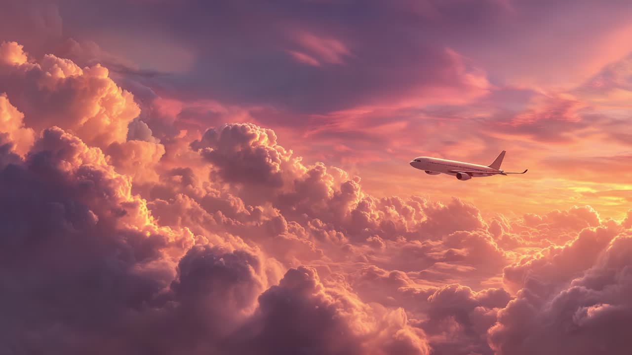 Viaggio aereo attraverso vivaci nuvole al tramonto: un aeroplano che scivola elegantemente tra maestosi cieli rosa e arancioni, catturando la serena bellezza della natura selvaggia sopra la Terra