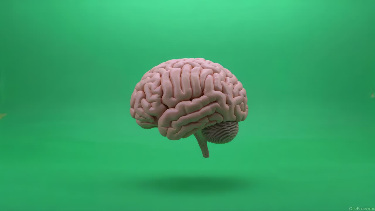 Animating 3D anatomy brain model rotating, bobbing at green backdrop with soft shadow and particles