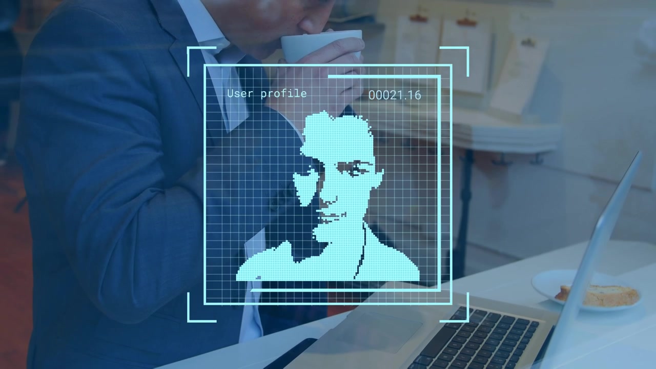 Changing profile icons with data processing over asian businessman drinking coffee and using laptop