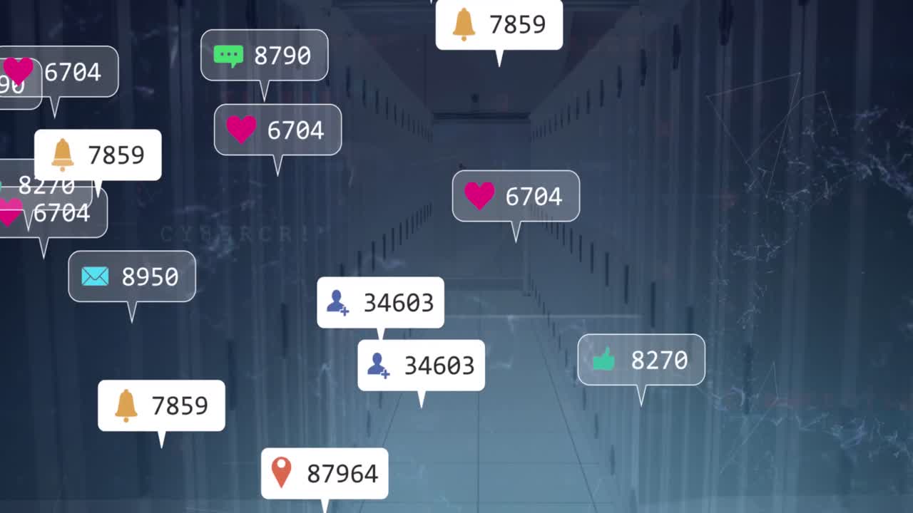 iconos de redes sociales y notificaciones procesamiento de datos a través de la sala de servidores de computadoras