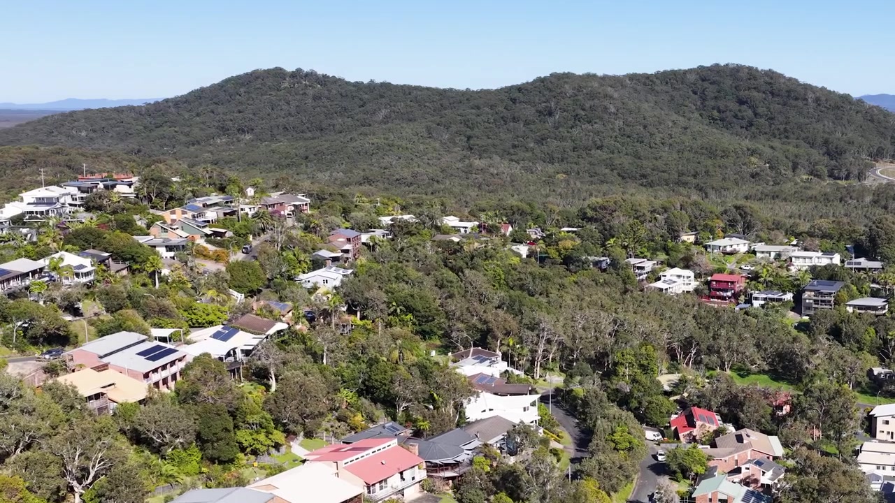 Yläkulman dronekuva asuintaloista tiheiden vihreiden puiden keskellä Crescent Headissa, Australiassa.