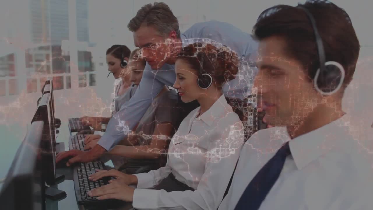 휴대폰 헤드 ⁇ 을 착용한 사업가들에 대한 인간의 뇌의 애니메이션