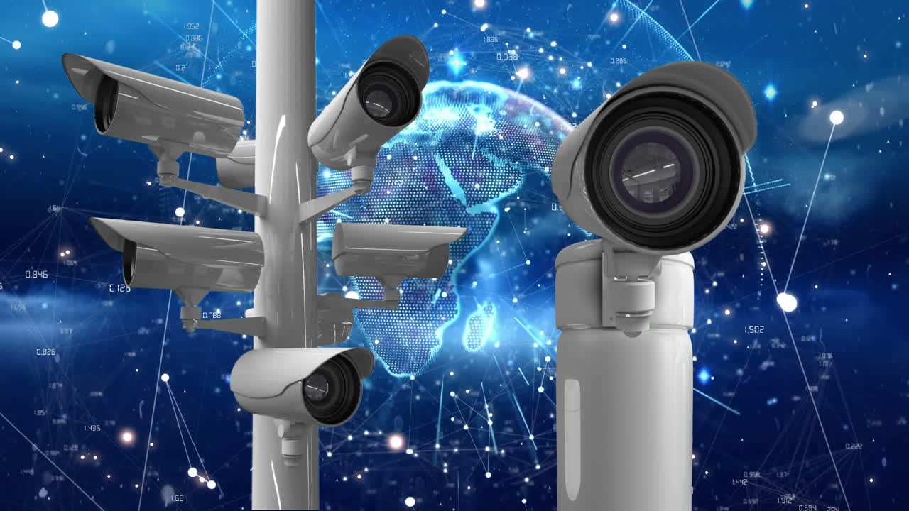 Animation of moving surveillance cameras with turning blue globe and glowing beams of light on black