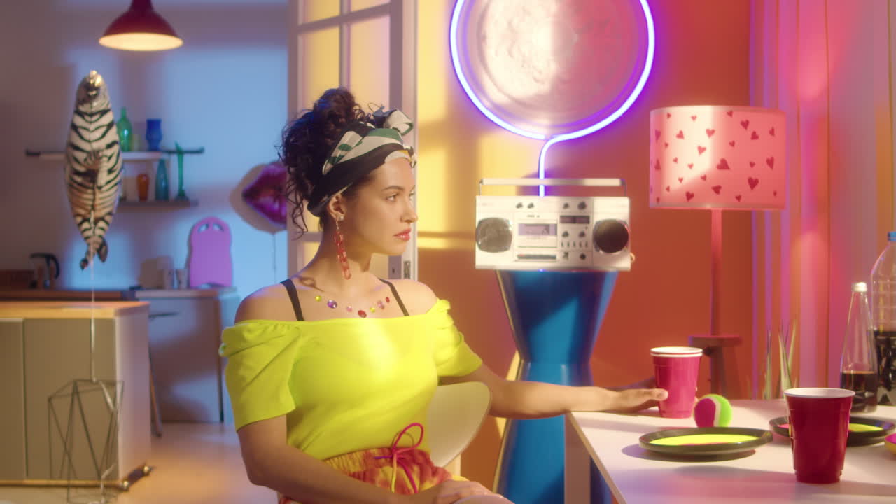 Woman in 80s Retro Neon Fashion Portrait