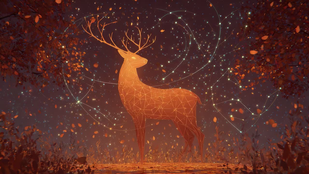 A Stunning Visualization of a Geometric Stag Surrounded by Stars and Cosmic Energy, Embodying the Harmony of Nature and Technology in a Captivating Artistic Display