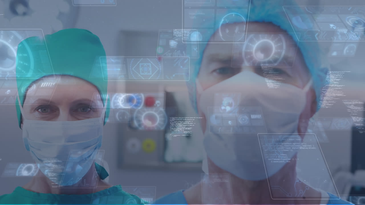 Animação de processamento de dados sobre médico e médica usando máscaras