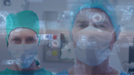 animación del procesamiento de datos sobre un médico y una médica que llevan máscaras faciales
