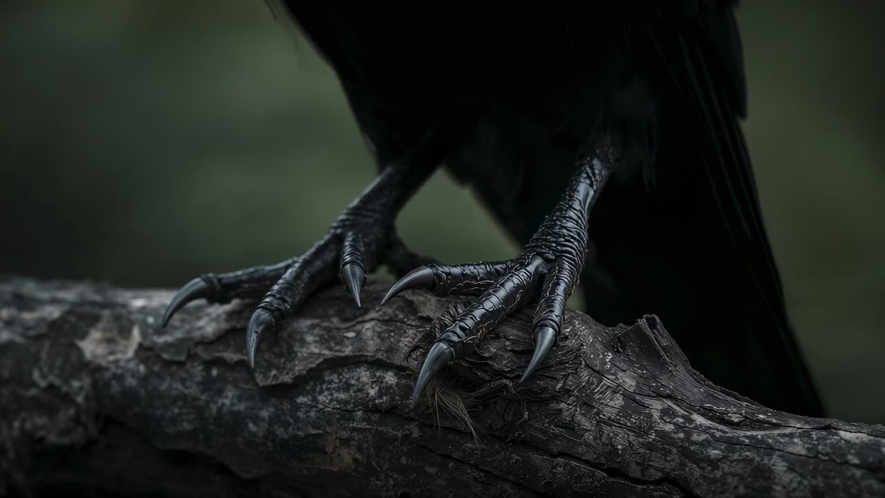 Lowering head, crow pecking textured bark on branch in shaded forest clearing, seeking insects