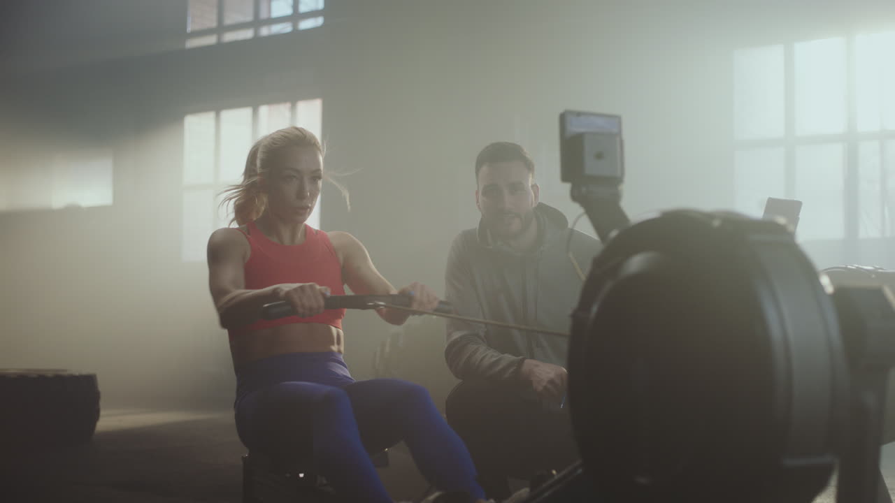 Woman Rowing Machine Workout with Trainer