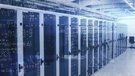 animation of mathematical equation and diagrams over server racks in server room