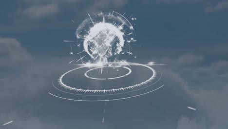 animation of numbers around globe on circles against puffy clouds