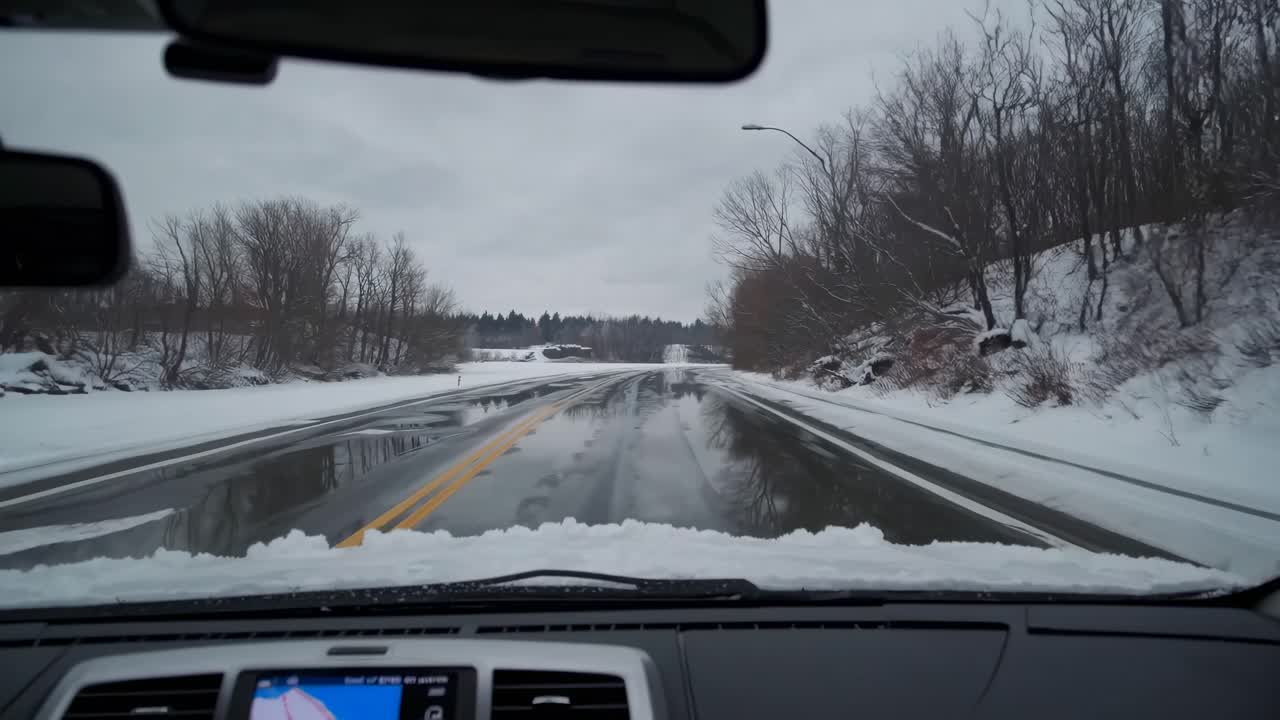 POV video shot from inside a car driving on a snowy road. The camera angle captures the windshield
