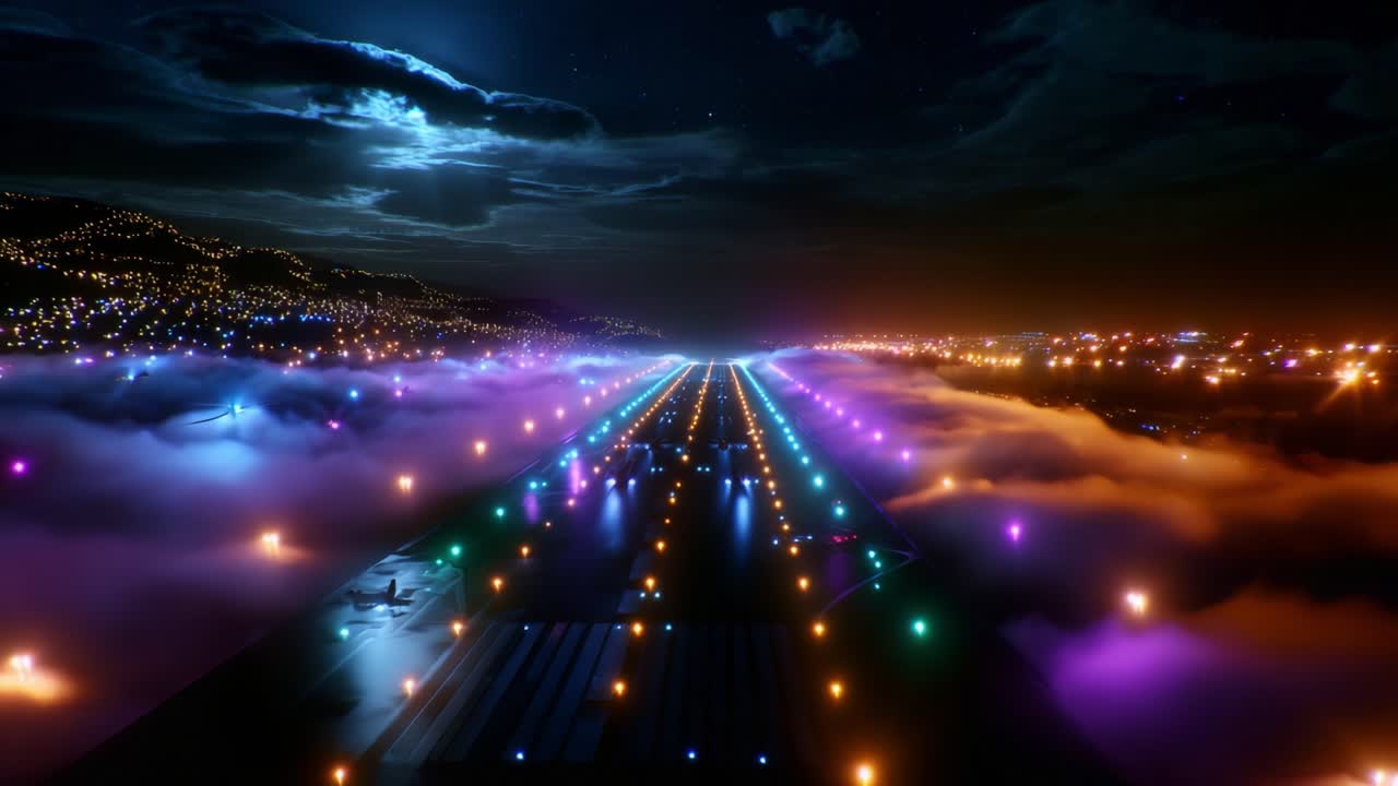 Captivating Nocturnal Aerial View of a Vibrant Airport Runway Illuminated by Colorful Lights, Surrounded by Wispy Fog Under a Dramatic Cloudy Sky, Creating a Stunning Visual Experience at Night