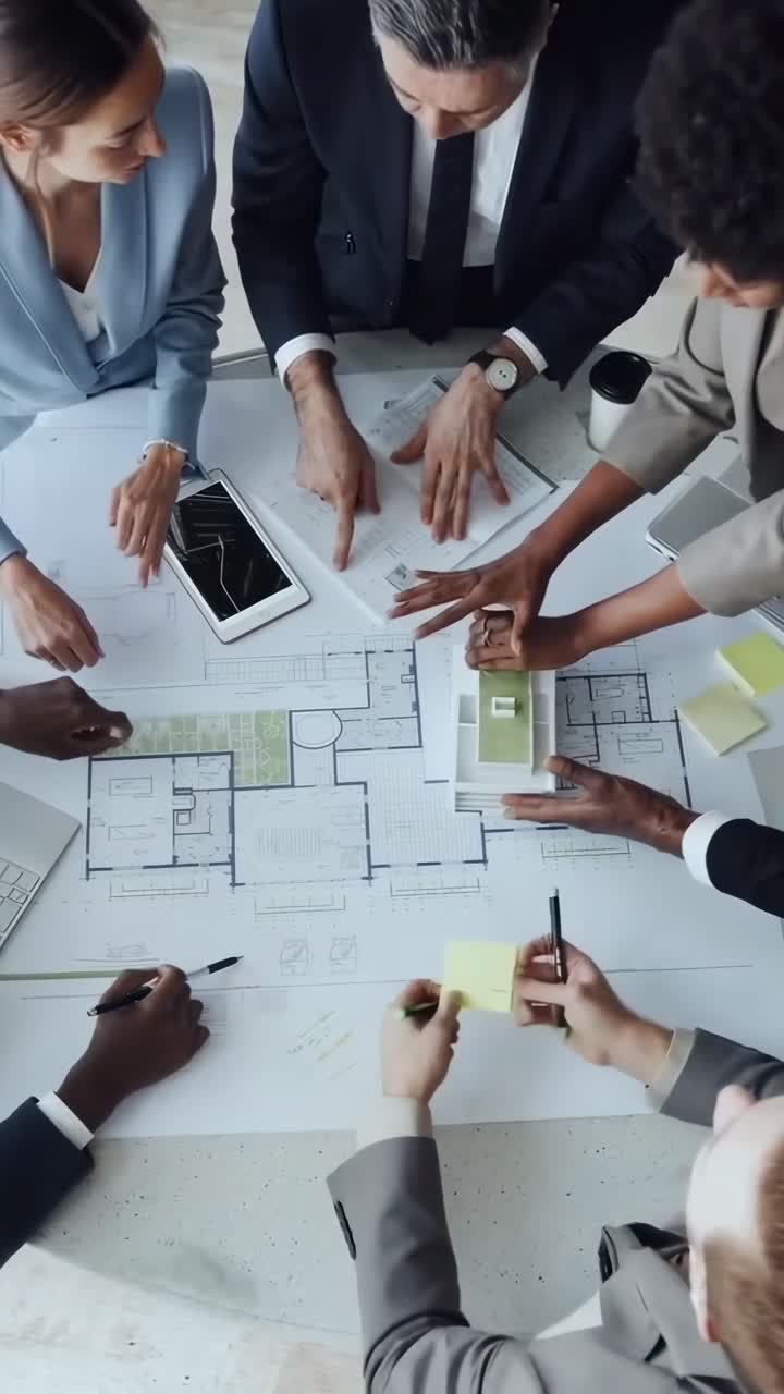 Top-down video of diverse team collaborating on architectural plans at a conference table
