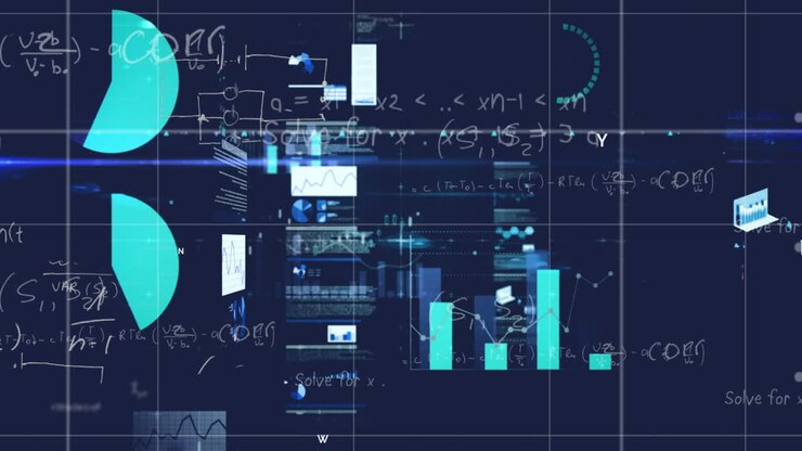 Animation of graphs and loading circles over mathematical equation against black background