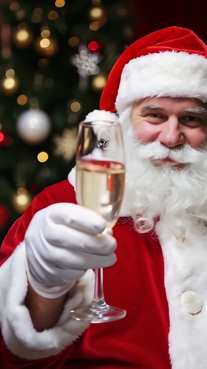 Happy Santa Claus raises his champagne glasses and smiles in toast. New Year Celebration