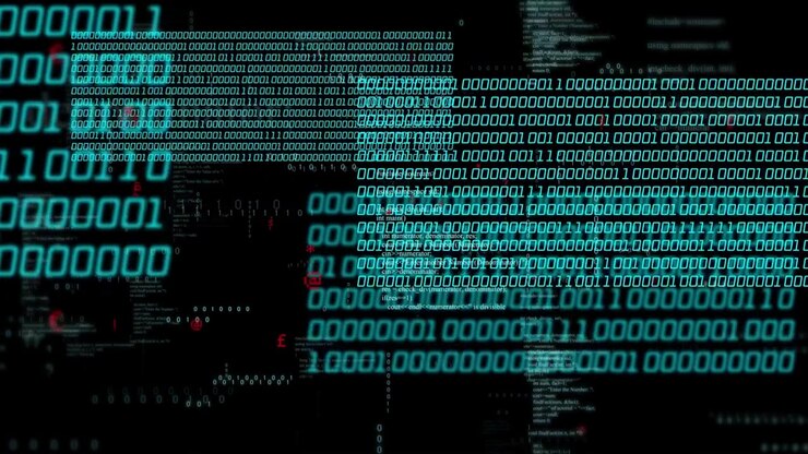 Datapuls sender cyan binære paneler som glir og utvider seg, og visualiserer systemutdata