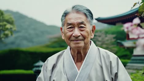 a smiling elderly man in a japanese garden