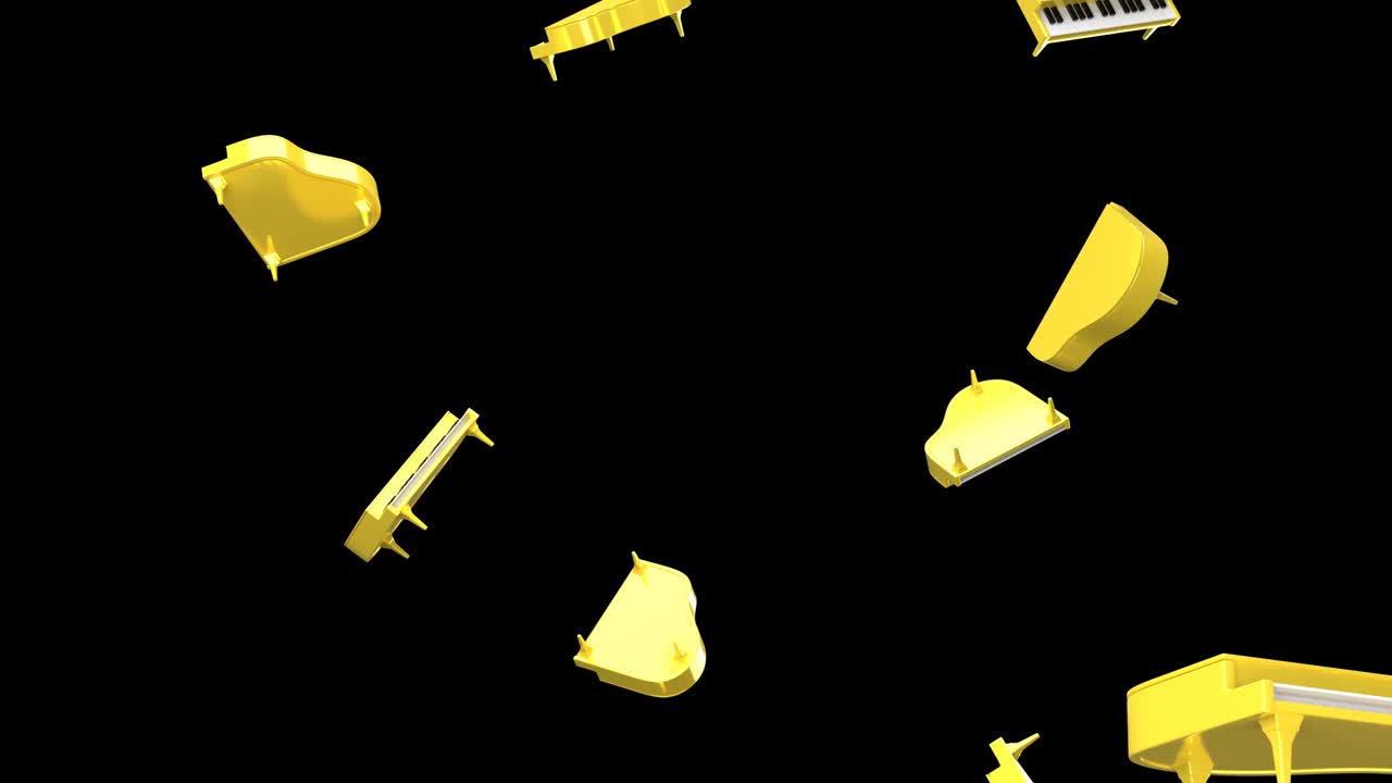 검은색 배경에 노란색 피아노가 날고 있습니다.