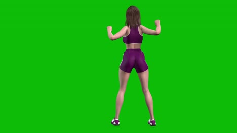 atleta femenina en 3d con traje deportivo púrpura, ropa deportiva ajustada, con pantalones cortos, realizando estiramientos en pantalla verde, animación en bucle en 3d, vista trasera