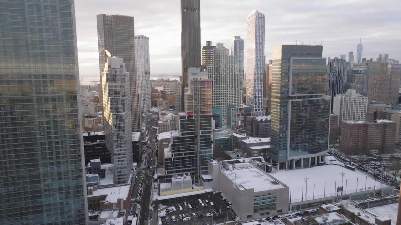 Aerial view of skyscrapers in Downtown Brooklyn. Shot on a winter day in New York City.