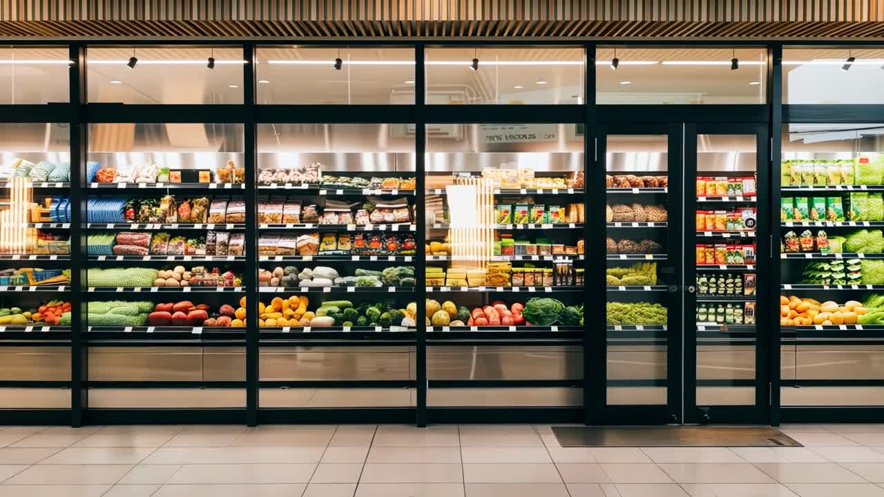 A dynamic video captures a side angle of people walking past a supermarket's colorful produce