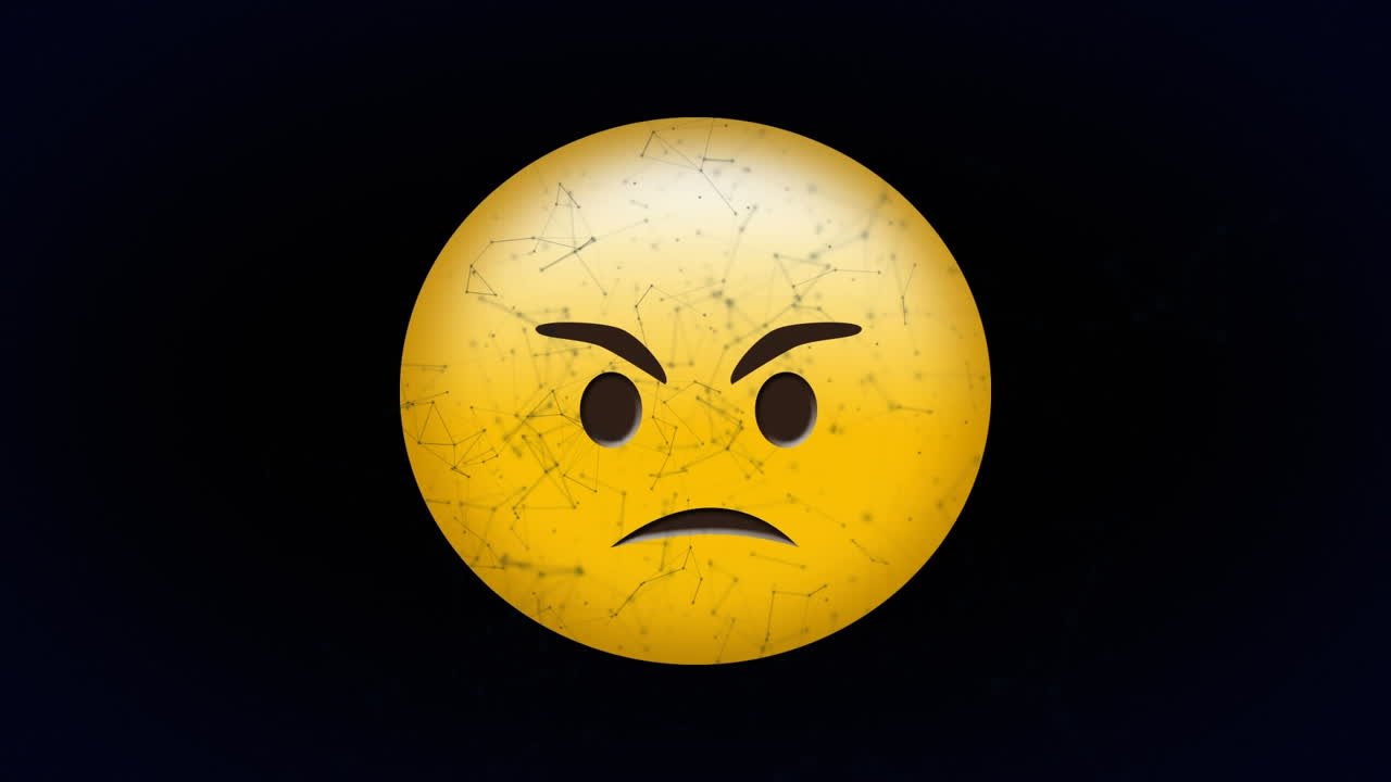 Digital animation af netværk af forbindelser over emoji med vredt ansigt mod sort baggrund