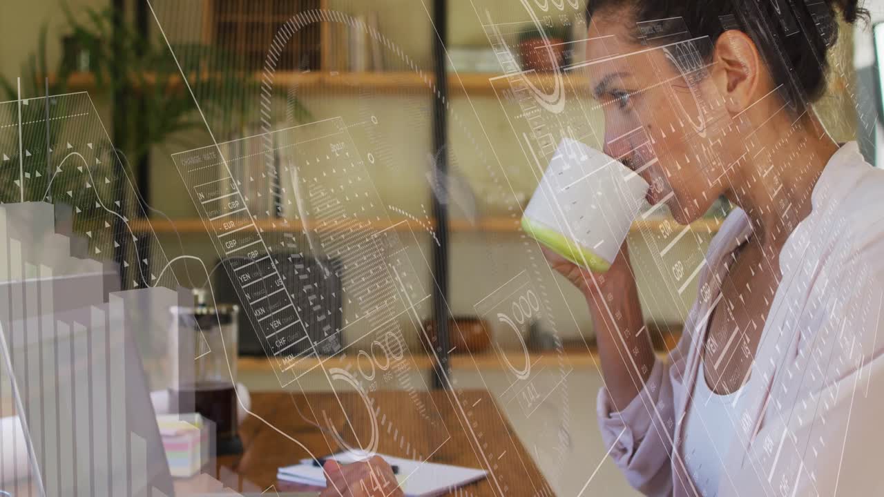 노트북을 사용하는 두 인종의 여성에 대한 금융 데이터 처리 애니메이션