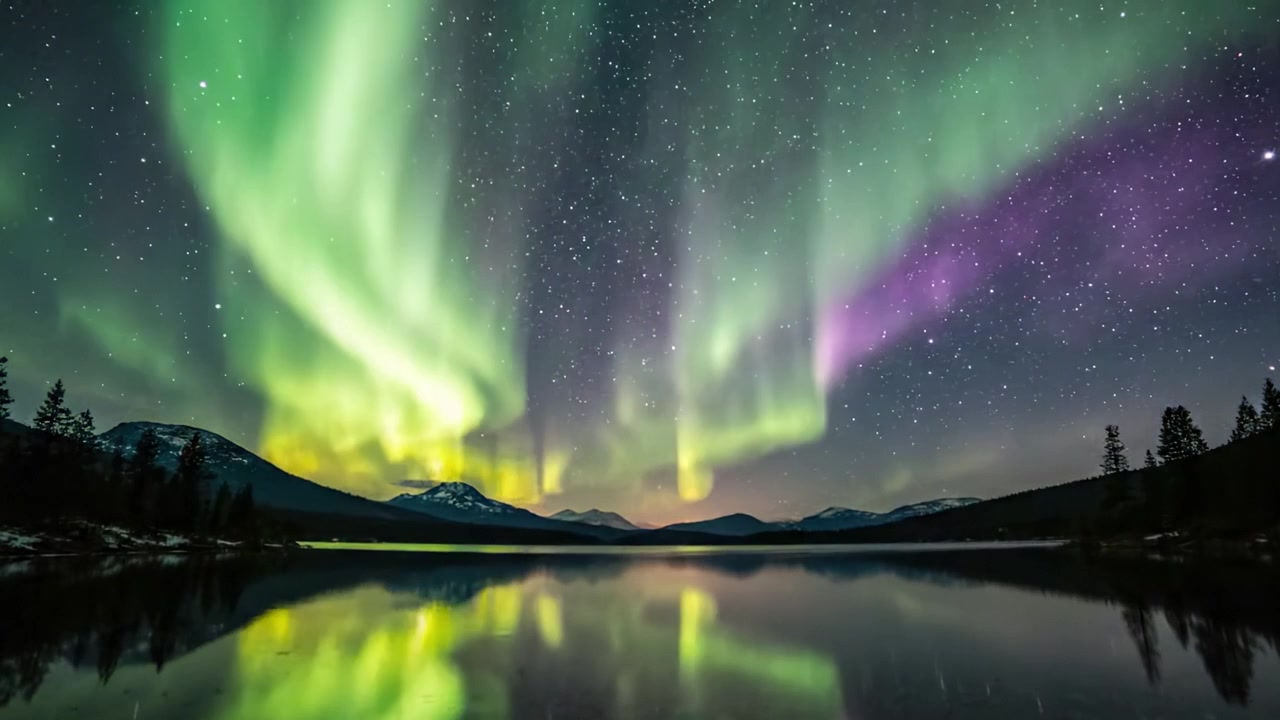 Uno spettacolo maestoso dell'Aurora Boreale: lo sfavillante spettacolo di luci della natura sopra un lago sereno sotto un cielo notturno stellato.