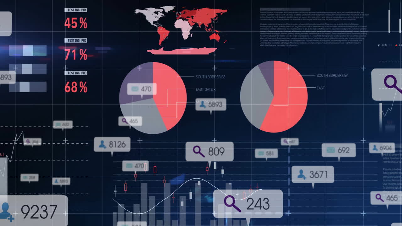 Visualizing global statistics with graphs and charts for data analytics animation