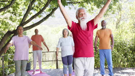 Fröhlicher,-Vielseitiger-älterer-Männlicher-Lehrer-Und-Freunde,-Die-Yoga-In-Der-Sonnigen-Natur-Praktizieren,-Zeitlupe