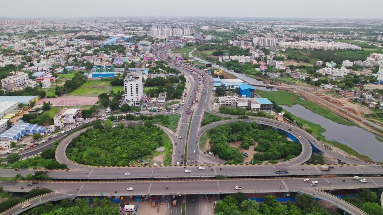 maduravoyal bypass flyover bridge push in shot, drone, 4k, day time, in chennai, tamil nadu, india.