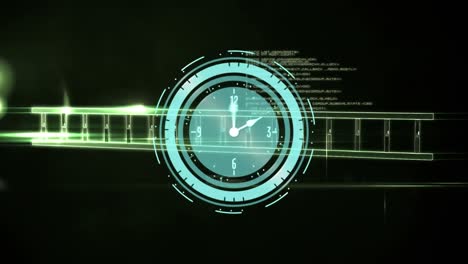 animación de la hélice de adn sobre el reloj y el lenguaje informático contra un fondo abstracto