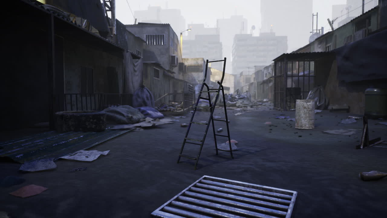 Desolate urban street with abandoned structures and scattered debris