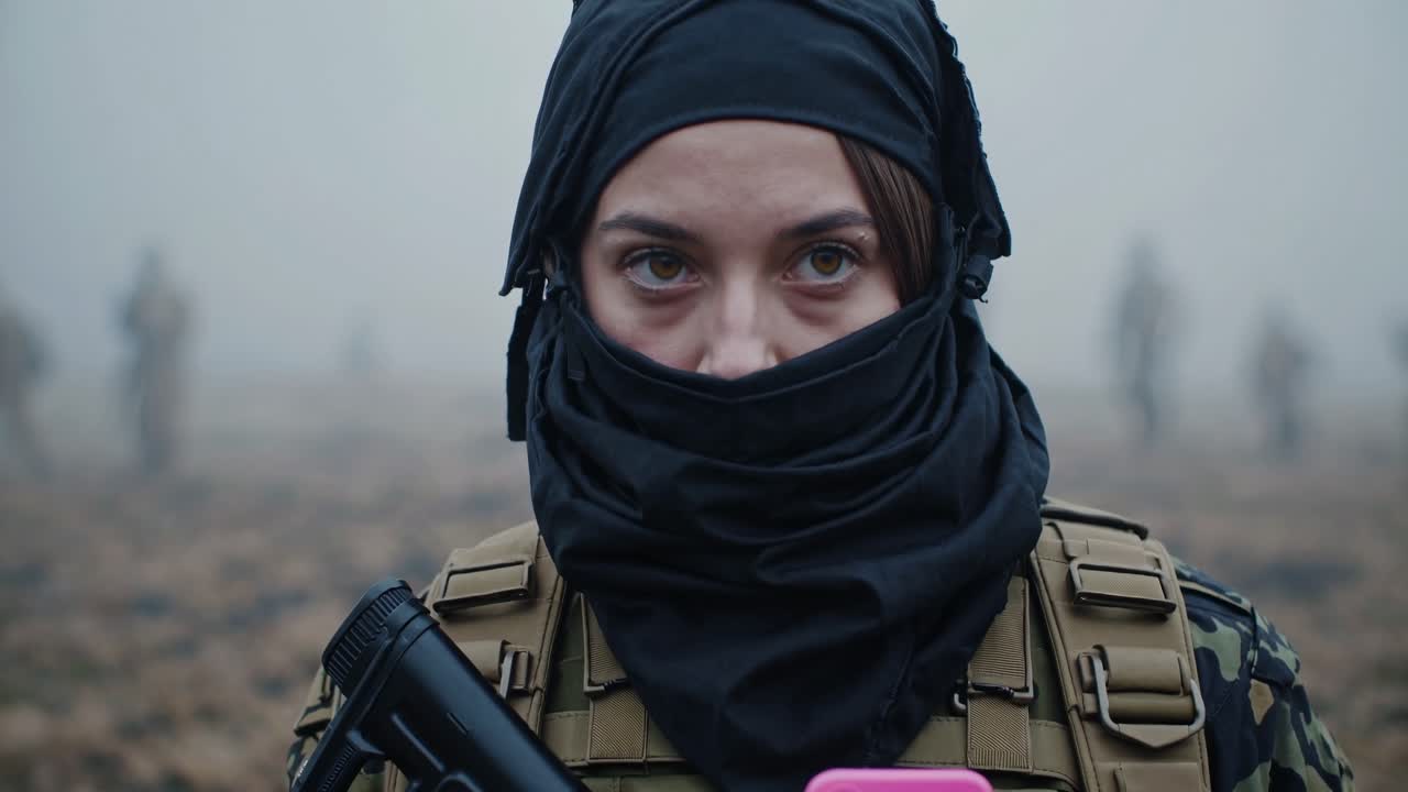 Portrait of a female soldier wearing camouflage uniform and black shemagh, holding a rifle on a foggy battlefield with other soldiers in the background