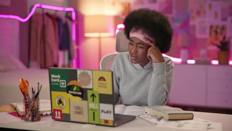 young woman sitting at desk working on laptop and looking stressed