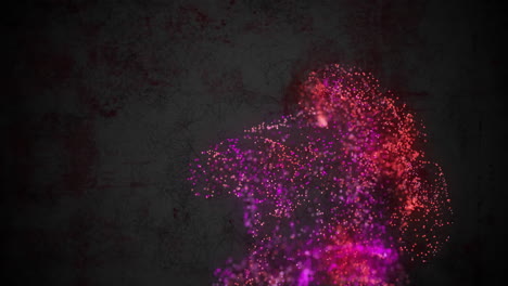 animation of pink and red particle wave over flashing cracks texture on black background