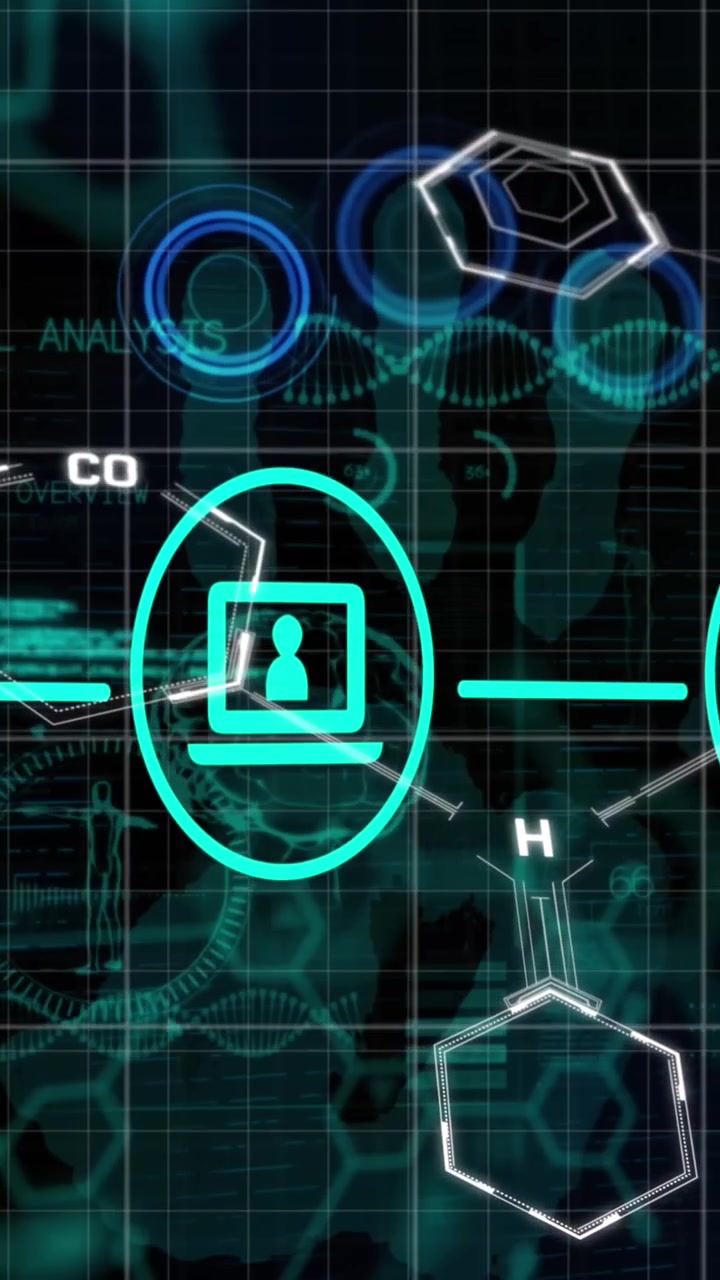 Animation of network of connections and data processing over chemical formula on black background
