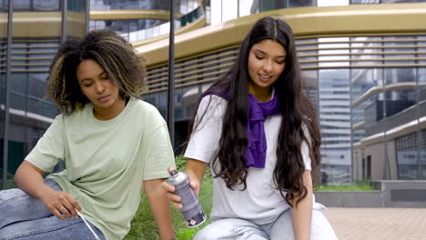 two young women painting boards with brushes and spray for protest