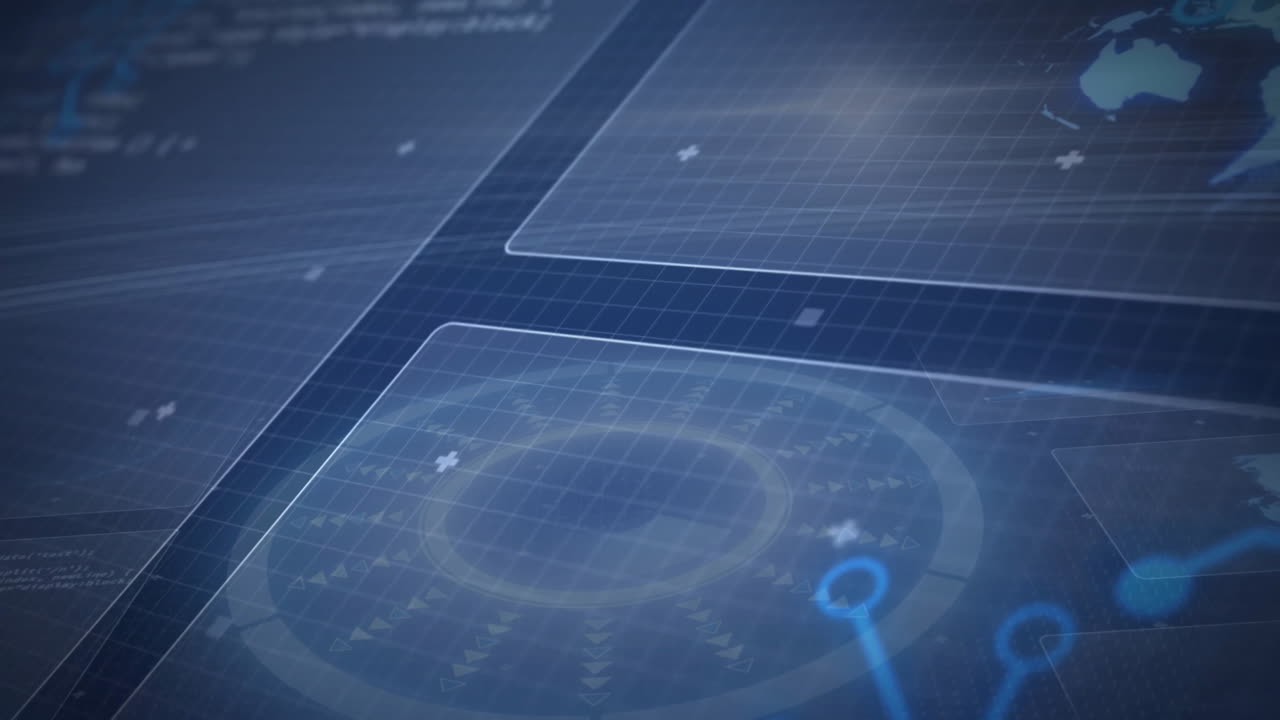 Central transparent UI panel showing circular radar in flat design, glowing nodes over blue grid