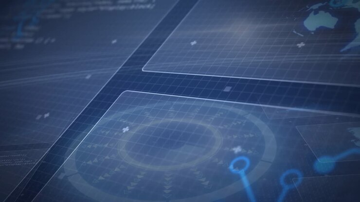 Central transparent UI panel showing circular radar in flat design, glowing nodes over blue grid