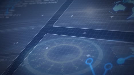 central transparent ui panel showing circular radar in flat design, glowing nodes over blue grid